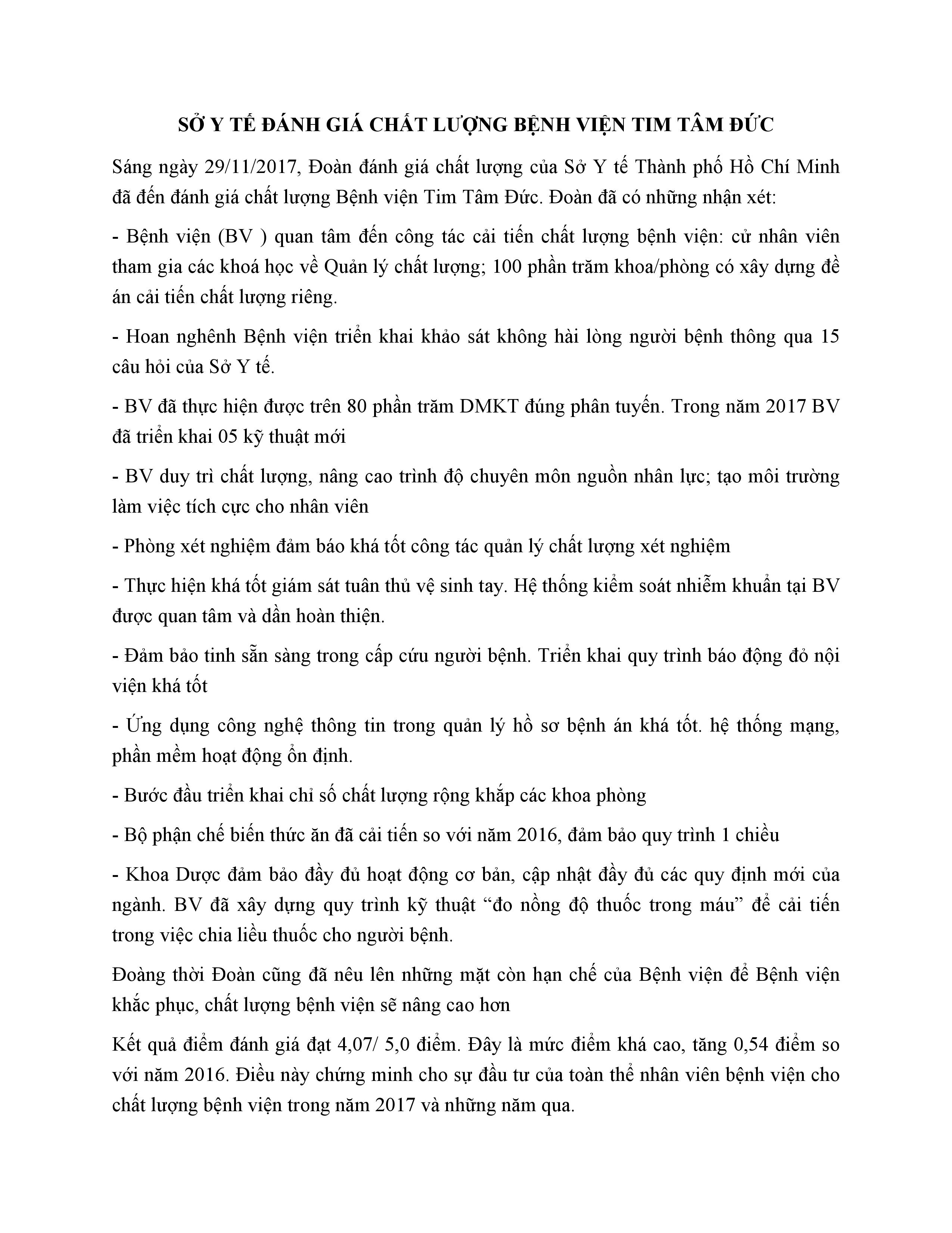 Sở Y Tế đánh giá chất lượng Bệnh viện Tim Tâm Đức