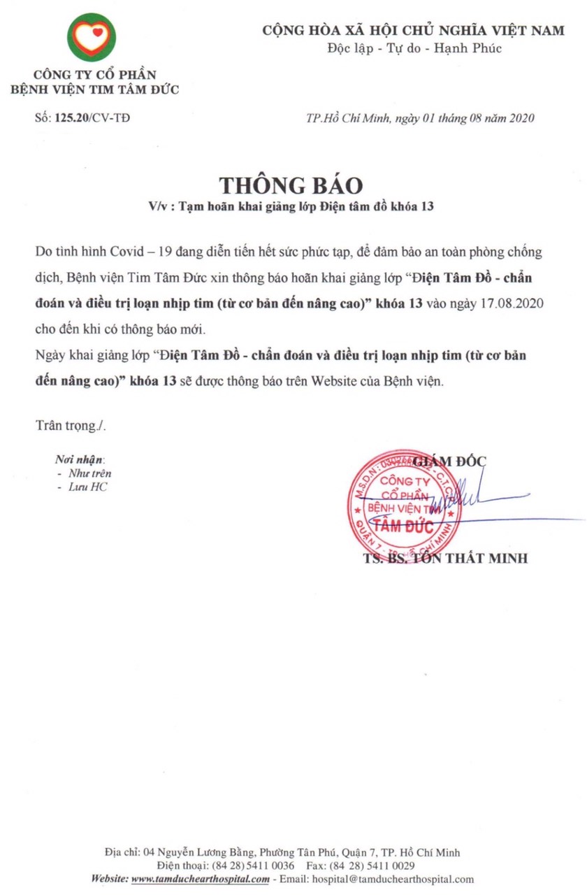 Thông báo tạm hoãn khai giảng lớp điện tâm đồ